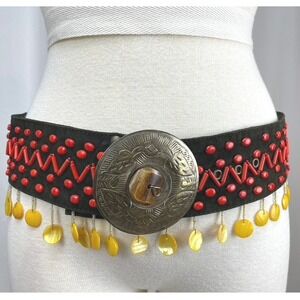 MAROSA Womens (M) Belt Olive Suede Beaded Moroccan Brass Buckle‎ Boho Festival